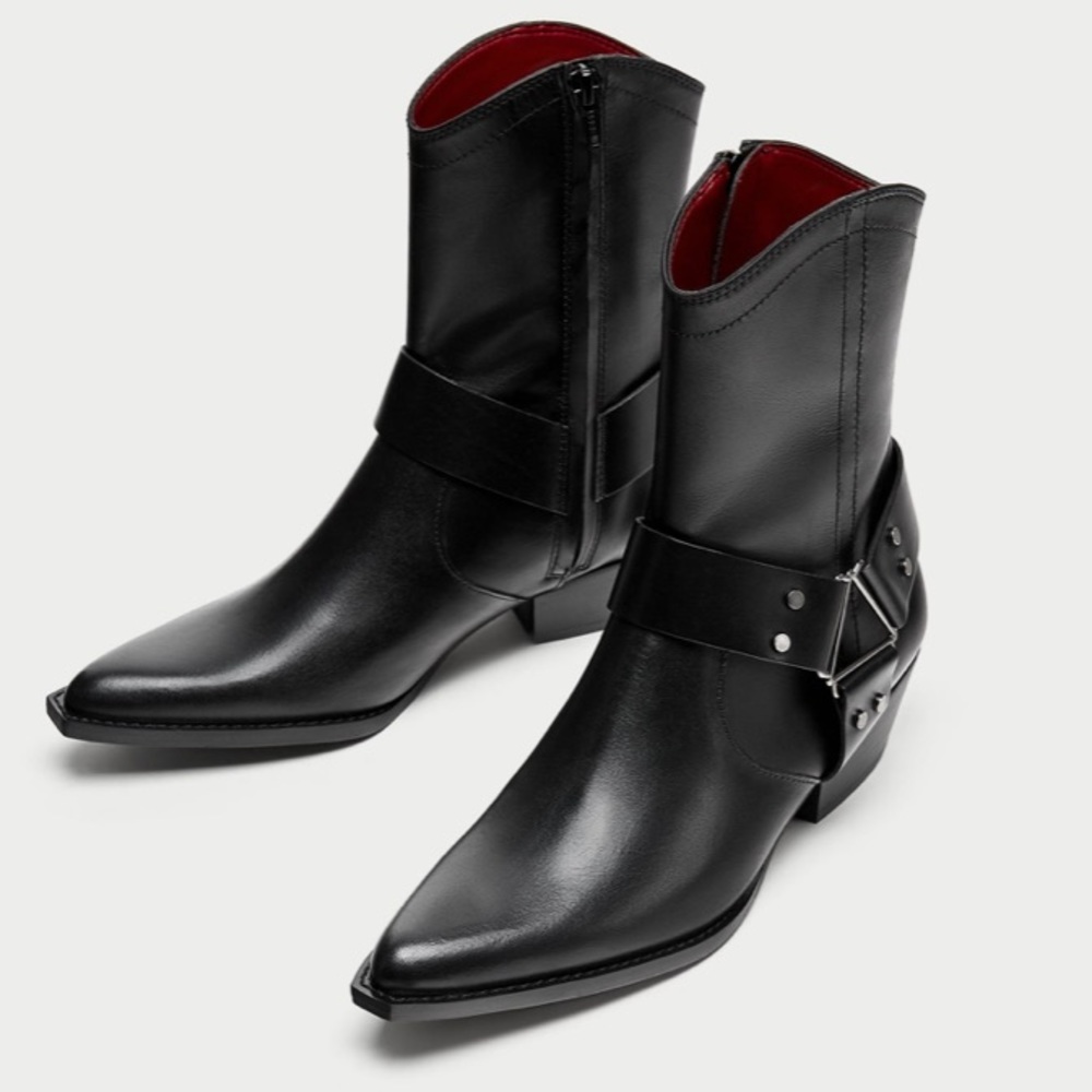 ZARA Leather Cowboy Style Ankle Boots